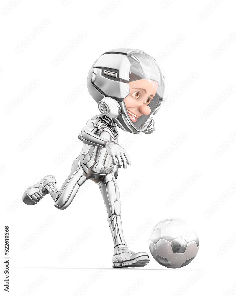 mini astronaut cartoon is playing football