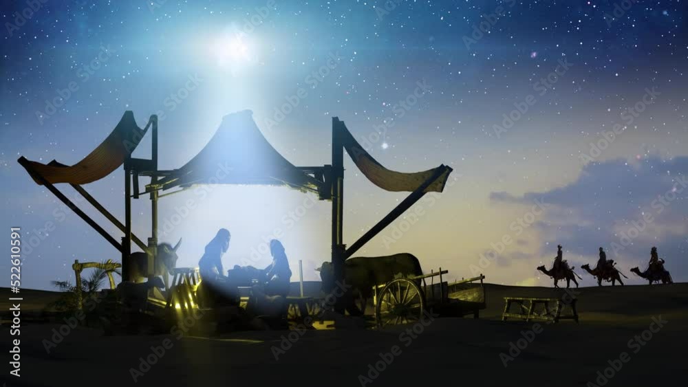Christian Christmas Nativity Scene of baby Jesus, scene of Baby Jesus in a manger with Mary and Joseph silhouettes loop render 3d 