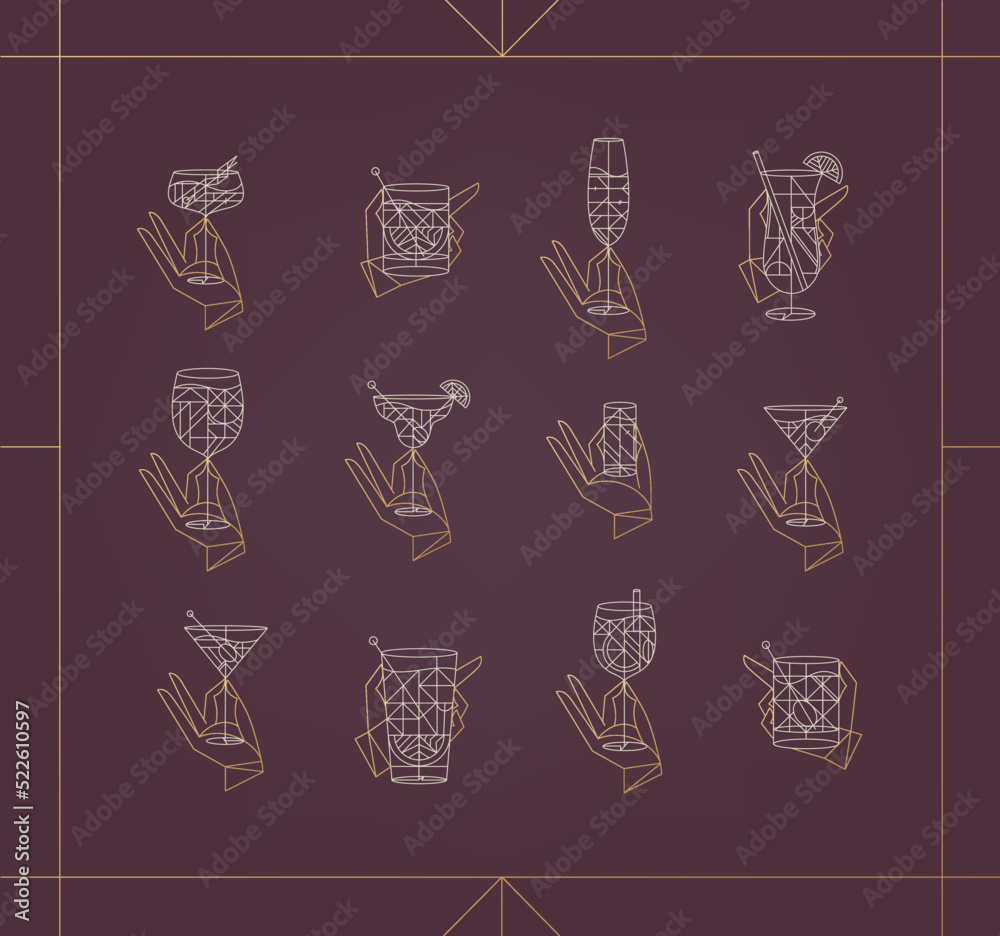 Set of hand holding drink glasses margarita, old fashioned, bloody mary, prosecco, pina colada, aperol spritz, shot, tom collins, dirty martini, wine, manhattan, mojito in art deco style on red backgr