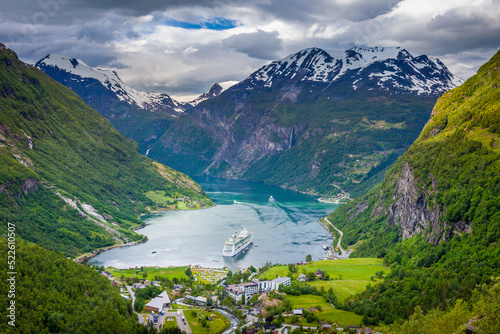 Above Geiranger fjord, ship and village, Norway, Northern Europe photo