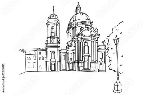 vector sketch of Dominican church and monastery in Lviv, Ukraine.