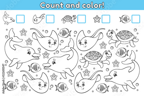 Educational counting math game for kids. Count how many object and write the result. Coloring book. Printable worksheet for kindergarten and preschool. Cartoon sea animals. Vector illustration. photo