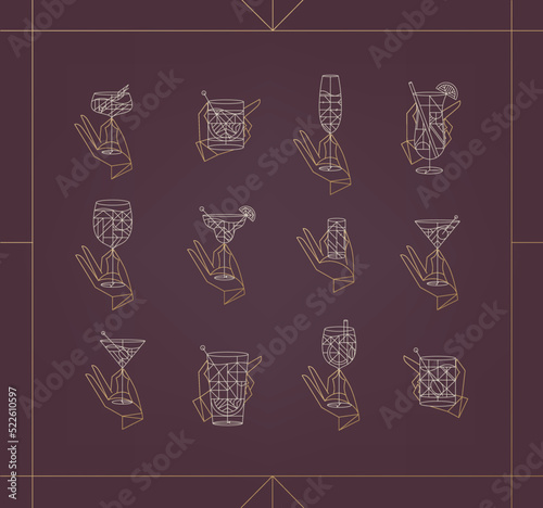 Obraz na płótnie Set of hand holding drink glasses margarita, old fashioned, bloody mary, prosecco, pina colada, aperol spritz, shot, tom collins, dirty martini, wine, manhattan, mojito in art deco style on red backgr w salonie