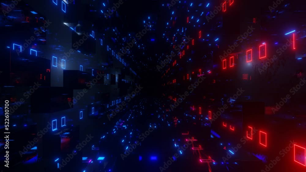Fly through technology cyberspace with blue red neon glow. Sci-fi flight through hi-tech technology tunnel. Glow line form pattern like sci-fi hologram. 3d looped seamless 4k bright bg. Data flow