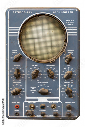 Front view of an old cathode ray electronic oscilloscope covered in dirt on a white background and vertical orientation. Ideal history of electronics.