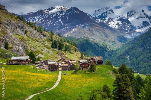 Idyllic swiss landscape and Zermatt village at springtime, Switzerland photo