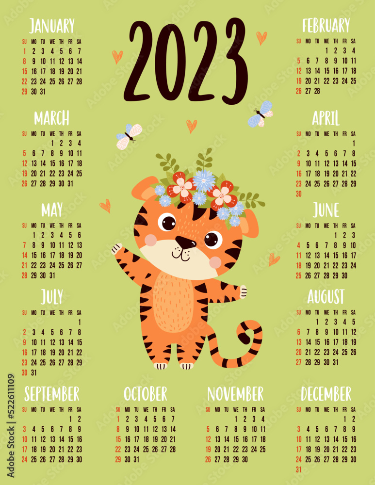Annual calendar for 2023 with happy cute tiger with butterflies vector
