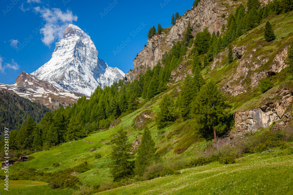 Idyllic swiss landscape with Matterhorn and Zermatt meadows, Switzerland