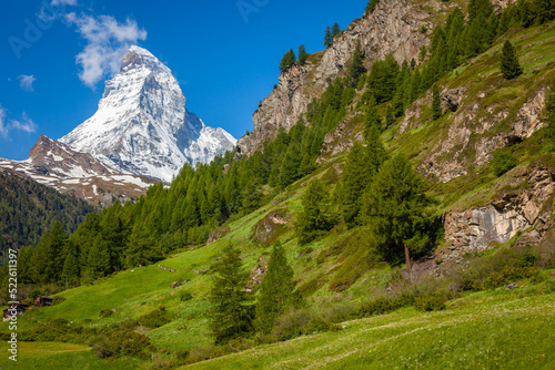 Fototapeta Naklejka Na Ścianę i Meble -  Idyllic swiss landscape with Matterhorn and Zermatt meadows, Switzerland