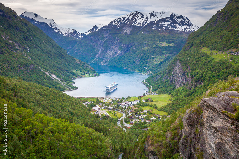Above Geiranger fjord, ship and village, Norway, Northern Europe