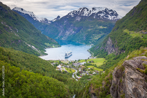 Above Geiranger fjord  ship and village  Norway  Northern Europe