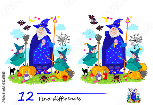 Find 12 differences. Illustration of wizard and little witches celebrating Halloween. Logic puzzle game for children and adults. Page for kids brain teaser book. Developing counting skills.