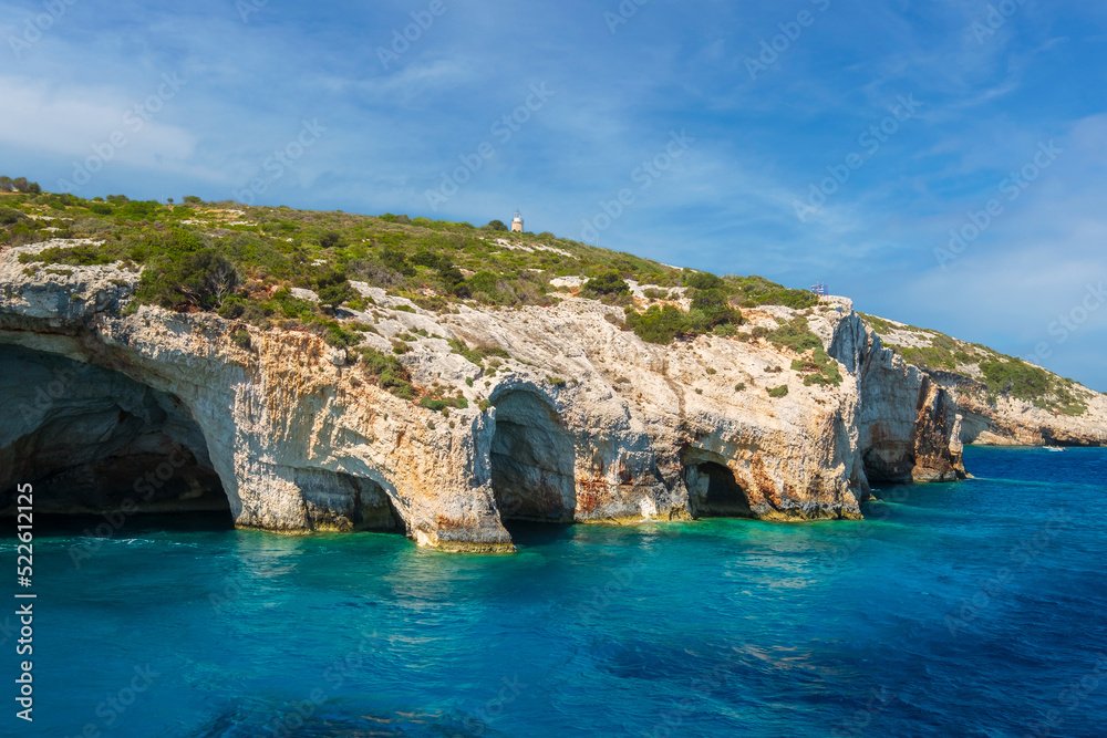 Famous blue caves on Zakynthos island beautiful turquoise Ionian sea