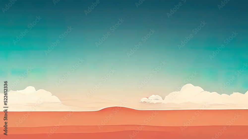 Flat 2d, minimalistic desert. 4k wallpaper showing an orange desert with hills, mountains, sand, sky and clouds. Vintage landscape background.