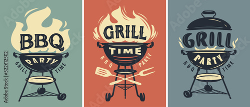 BBQ time, grill party retro poster set. Summer barbecue picnic. Cookout grilled food vector illustration