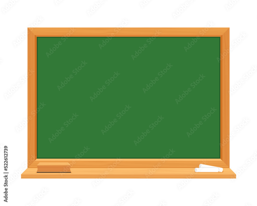 Education and Work - School and Office Supply - Green Chalkboard with Chalk and Eraser Isolated on White Background Education and Work - School and Office Supply - Green Chalkboard with Chalk and Eraser Isolated on White Background