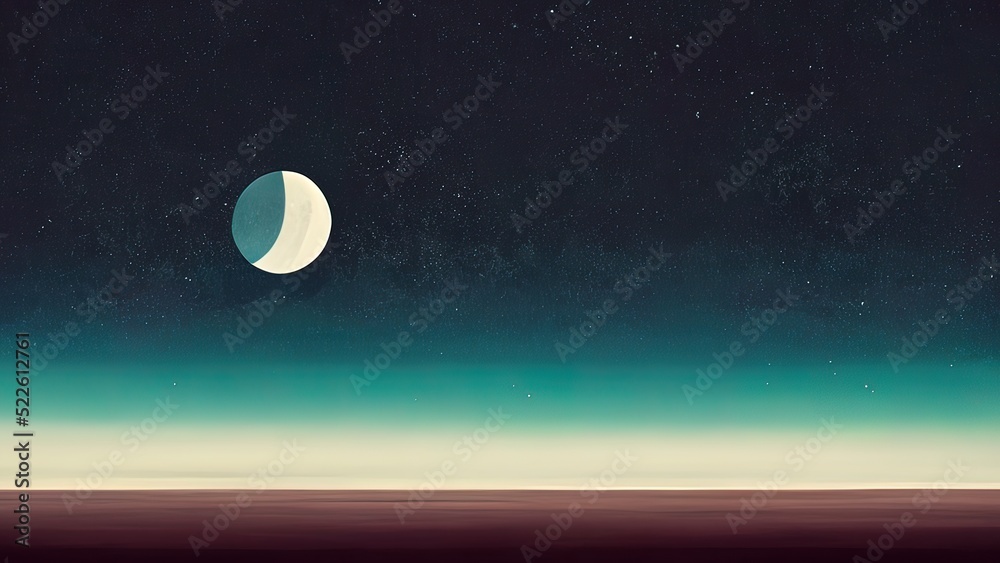 The moon, minimal, flat 2D vintage illustration. In space view of the moon. Flat minimalist art. Simple round moon floating in space. Ideal 4k wallpaper or background. 