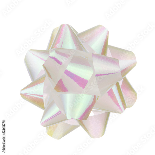 Fluffy white bow for gift wrapping top view. Decor for holiday gifts, congratulatory items. Decorative decoration element for birthday, christmas, new year.