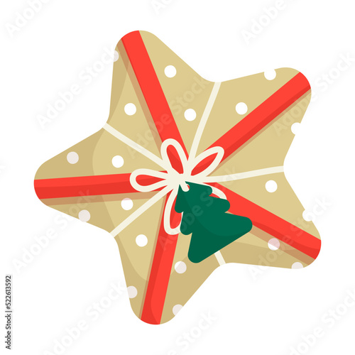 Gift box in a festive Christmas star-shaped package, vector graphic.
