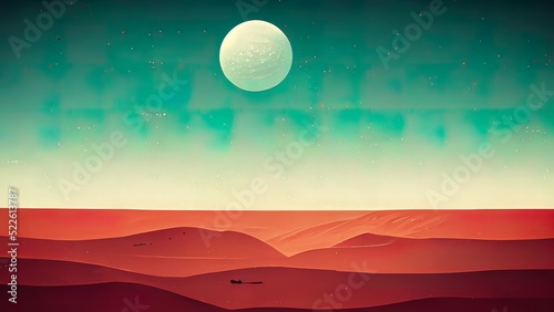 Minimal flat vintage planet. Wallpaper of a sci-fi moon or sun or planet in space. Orange planet similar to mars. 4K background. Science fiction  futurstic abstract cartoon illustration.