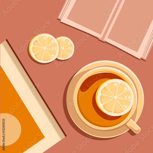 black tea with lemon cup with slice of lemon and books relax atmosphere warm color 