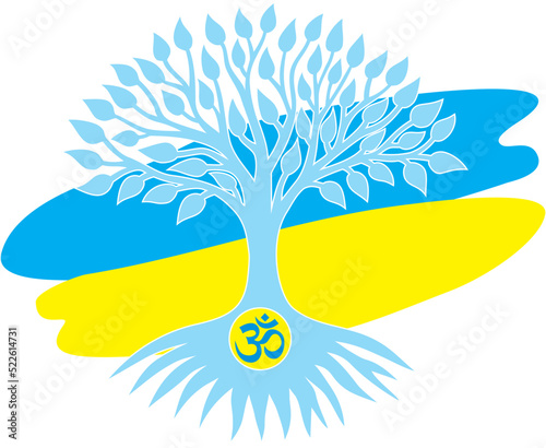 The tree of life on the background of the Ukrainian flag with a aum, om, ohm sign. Spiritual symbol of life and development. Vector graphics.