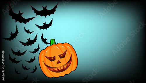 Halloween jack-o-lantern pumpkin with bats and blue background