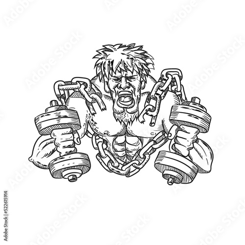 Buffed Athlete Dumbbells Breaking Free From Chains Drawing photo
