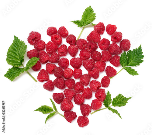Red ripe raspberries and green leaves on a white background.