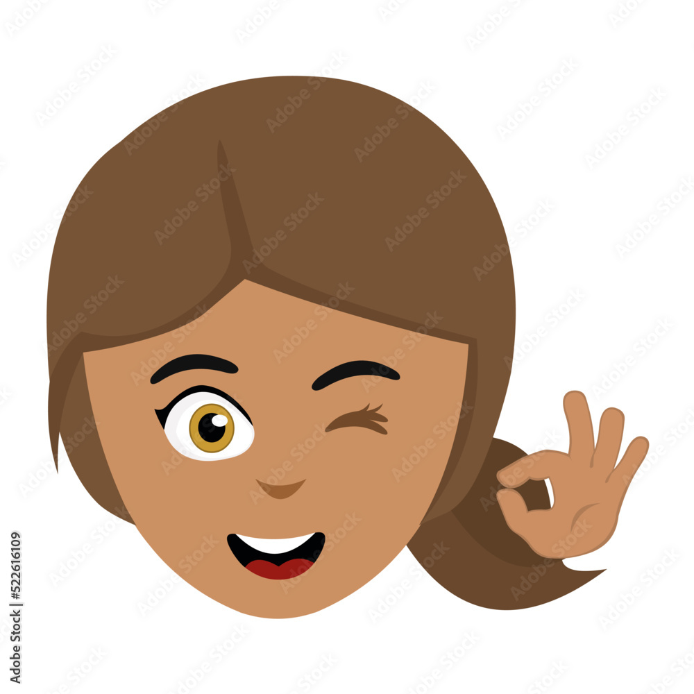 Vector illustration of the face of a brunette woman cartoon winking and a gesture with her hand of ok or perfect Vector illustration of the face of a brunette woman cartoon winking and a gesture with her hand of ok or perfect