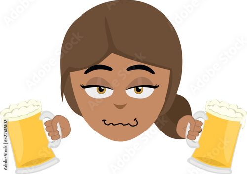Vector illustration of the face of a drunk brunette woman cartoon with beers in her hands