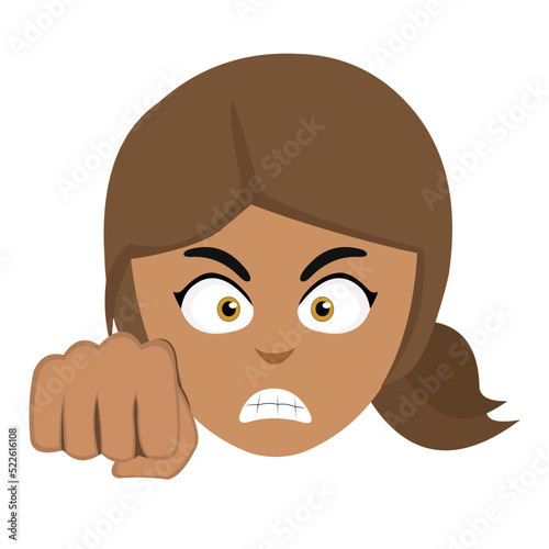 Vector illustration of the face of a brunette woman cartoon with an angry expression and giving a fist bump