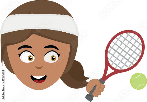 Vector illustration of the face of a cartoon brunette woman with a headband, a racket and a tennis ball