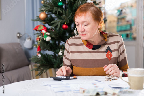 Mature woman calculates utility costs in the new year. High quality photo