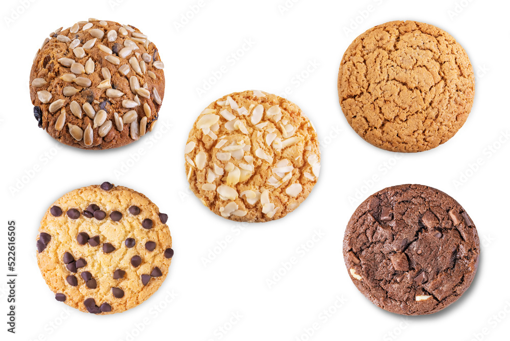 Set of different cookies, such as chocolate, oatmeal, with almonds, seeds and chocolate drops