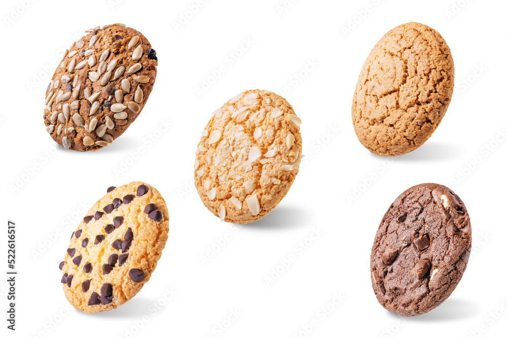 Set of different cookies, such as chocolate, oatmeal, with almonds, seeds and chocolate drops Set of different cookies, such as chocolate, oatmeal, with almonds, seeds and chocolate drops