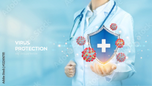 Virus protection. Doctor holding in hand security shield with medical cross sign for virus protection and virus cells. Vaccination, Covid-19 safety. Microbiology and medicine. Vector illustration.