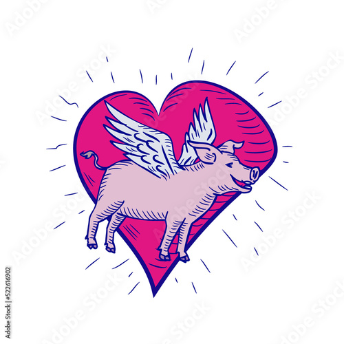 Pig With Wings Flying Heart Doodle photo