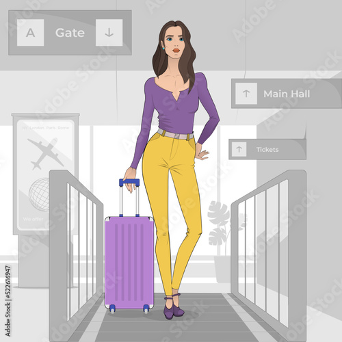 A young woman with a suitcase at the airport, on a moving walkway - travelator. She is about to board the plane. In the interior of the airport there are information signs, an advertising stella.