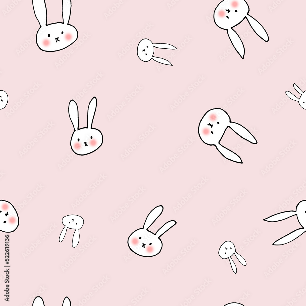 Obraz premium Cute white bunny with red cheeks - seamless pattern with animals on pink background