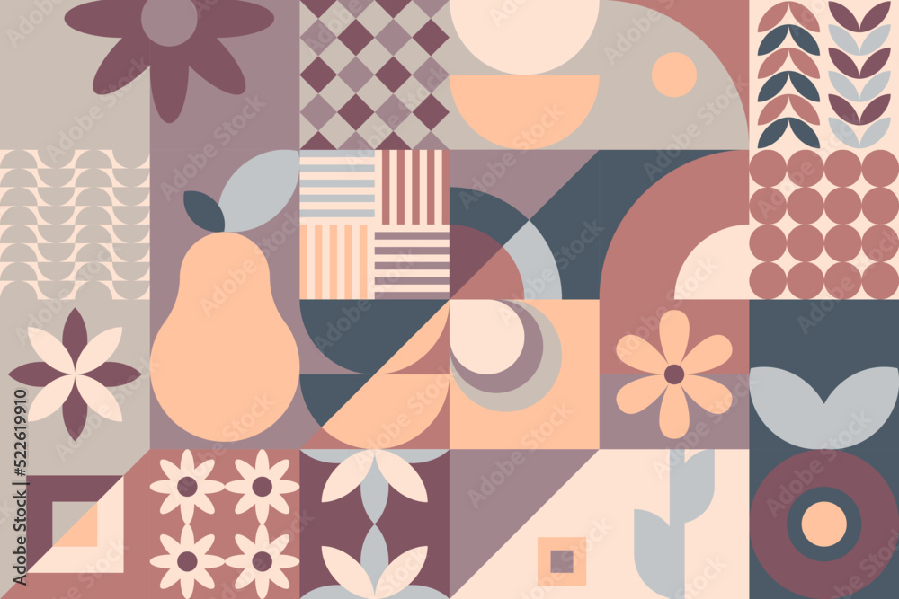 Obraz premium Geometryczna kompozycja - kolorowa jesienna mozaika z jabłkiem, gruszką i kwiatami. Powtarzający się wzór w stylu neo geometry do zastosowania jako tło do projektów.