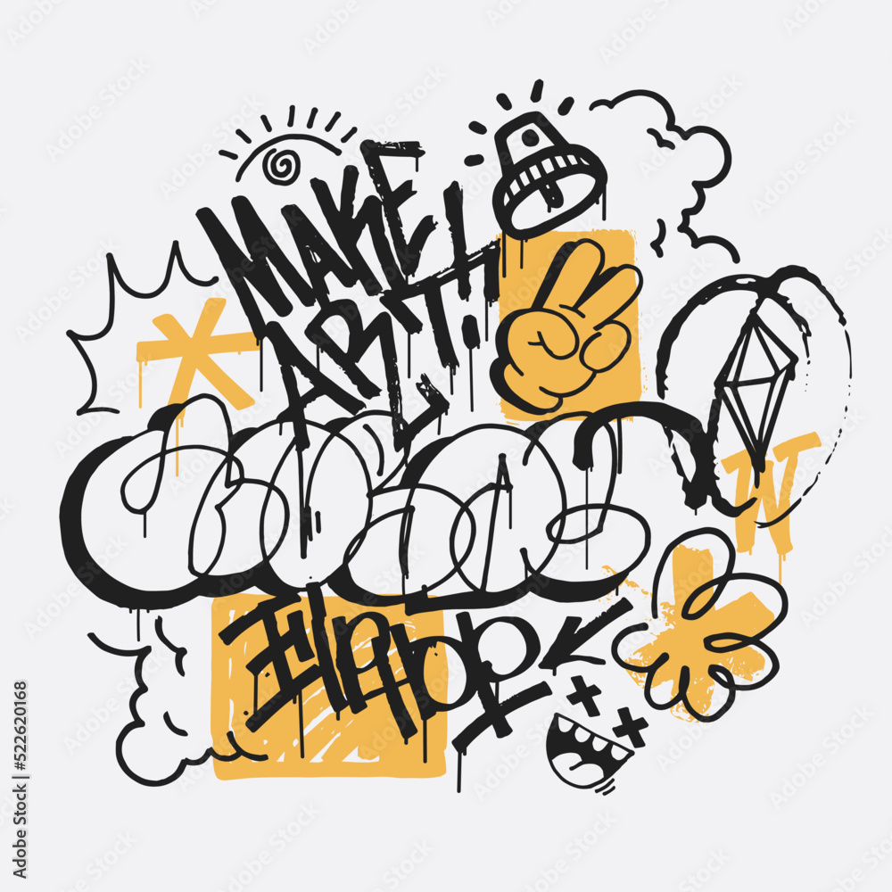 Abstract wall scribbles background. Street art graffiti texture with tags,  doodles,words, calligraphy. Applicable for poster, t-shirt print, textile,  interior design. Vactor illustration. Stock Vector | Adobe Stock