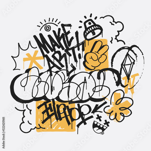 Abstract wall scribbles background. Street art graffiti texture with tags, doodles,words, calligraphy. Applicable for poster, t-shirt print, textile, interior design. Vactor illustration.
