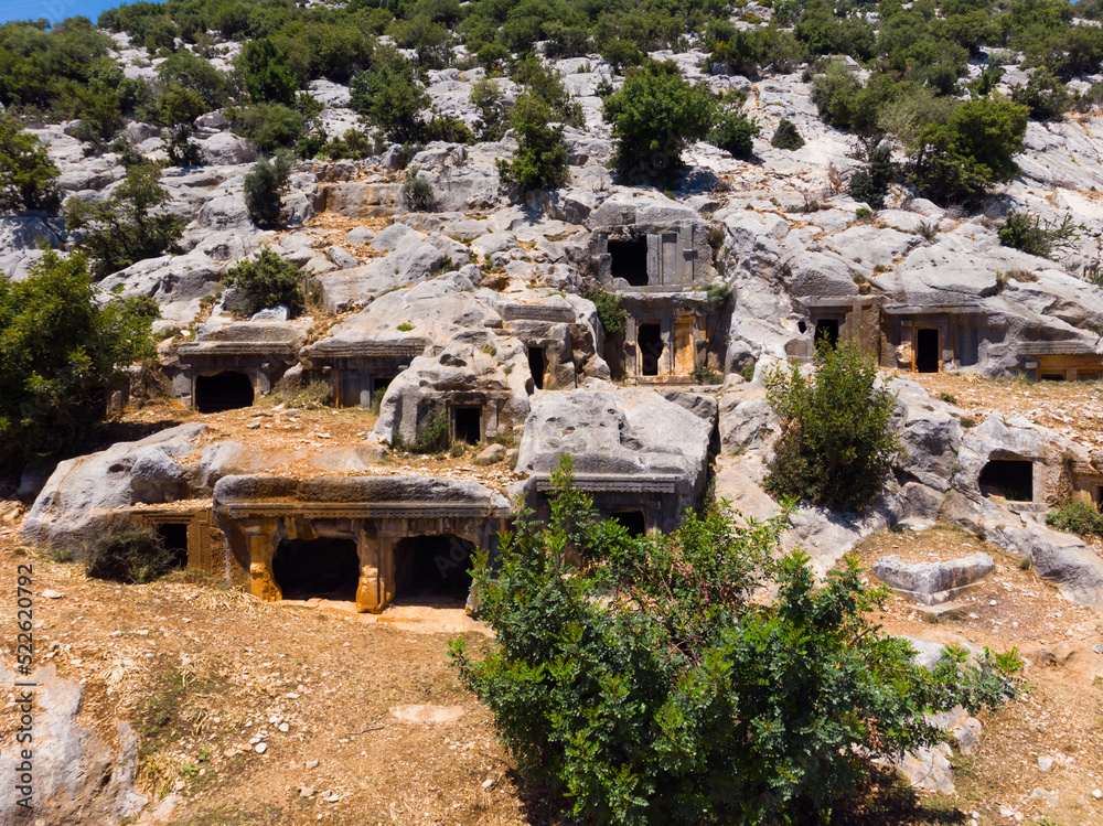 Necropolis of Limyra, stone tombs in ancient city of Antalya Province, Turkey.