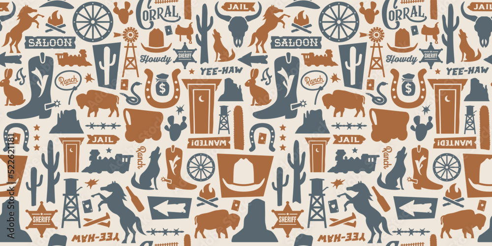 Wild West Repeating Pattern | Seamless Cowboy Background | Mid-Century