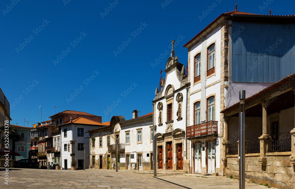 Picturesque view of old houses and streets of Mirandela town at sunny day, northeastern Portugal