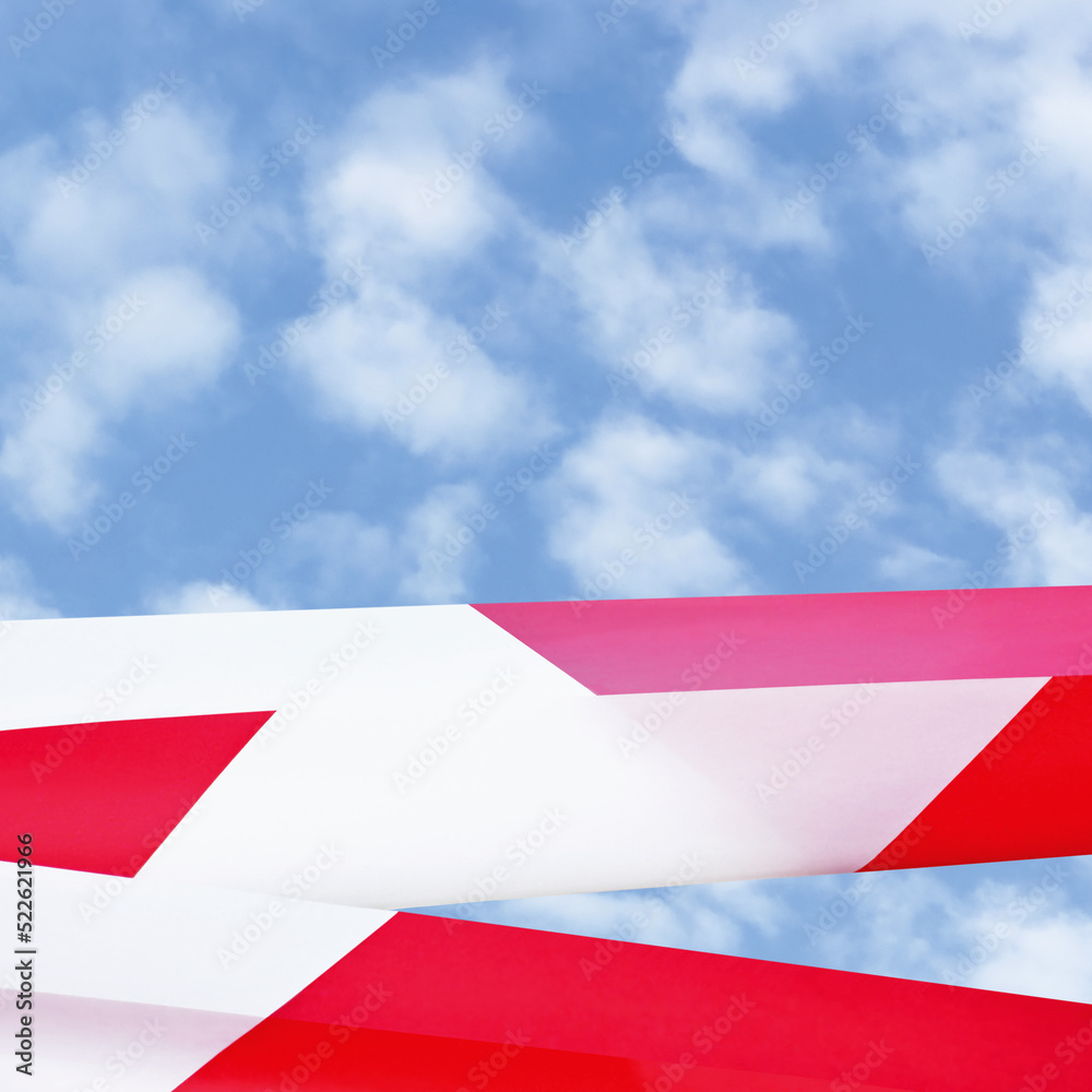 Large Red White Do Not Cross Ribbon Barricade Tape Copy Space, Detailed Horizontal Sunny Summer Sky Cloudscape Background, Bright Clouds, Crime Scene Marking Closeup, Construction Site Hazard Cordon
