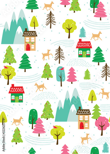 A whimsical, snowy village celebrating the winter holidays. This festive vector pattern repeats seamlessly and is perfect for Christmas surface designs.