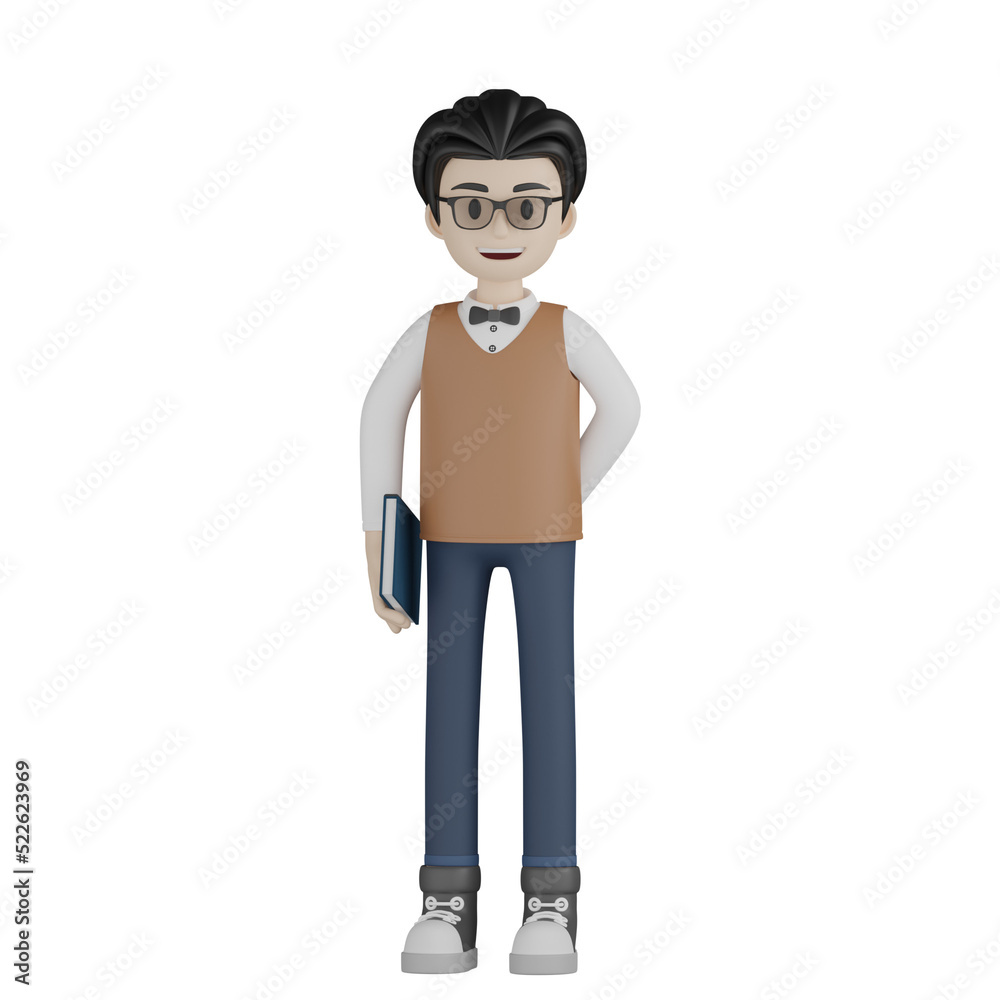 3d man with glasses and a bag