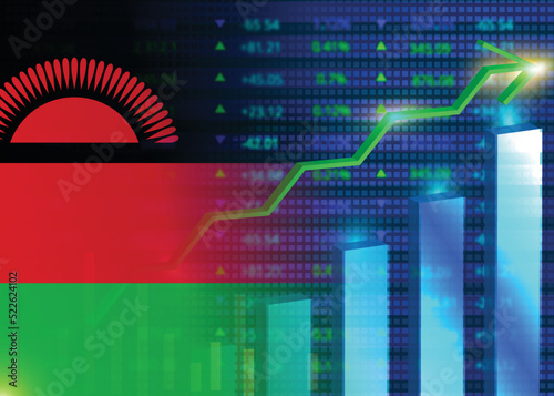 Economic growth in Malawi.Malawi's stock market.Malawi flag with charts,growth arrow